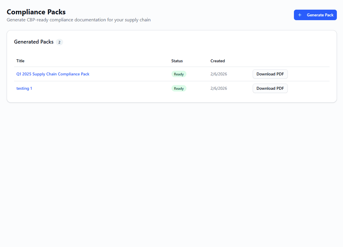 Compliance Pack Generation screenshot